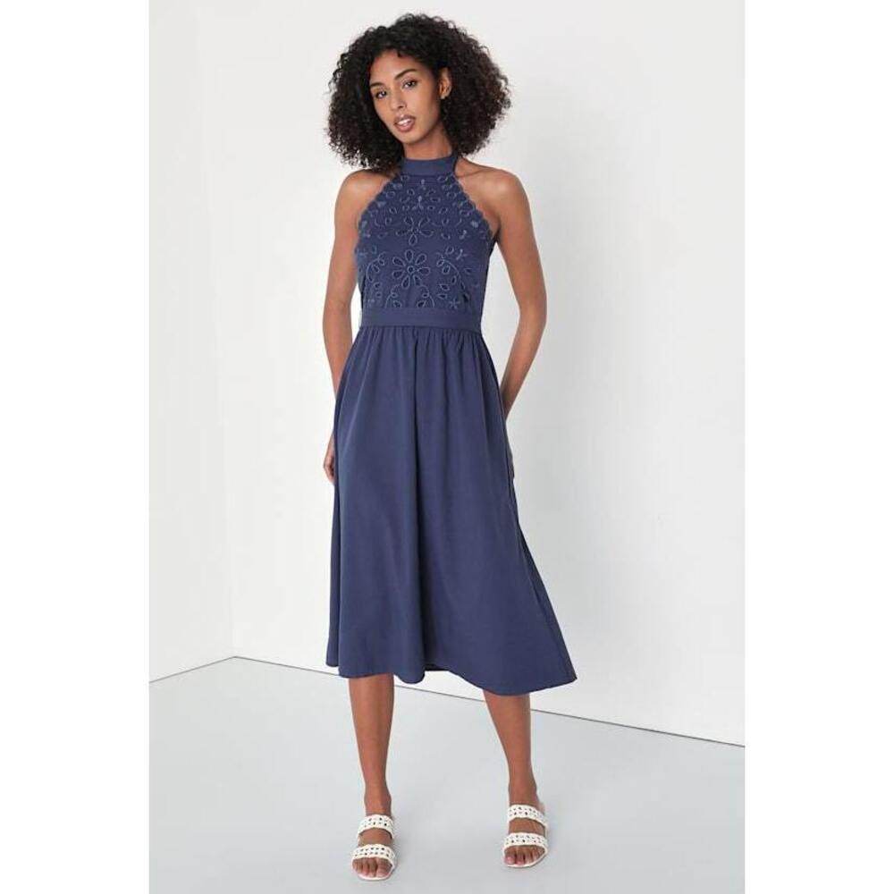 Lulus Sayulita Scene Navy Blue Embroidered Belted Halter Midi Dress - Size M
